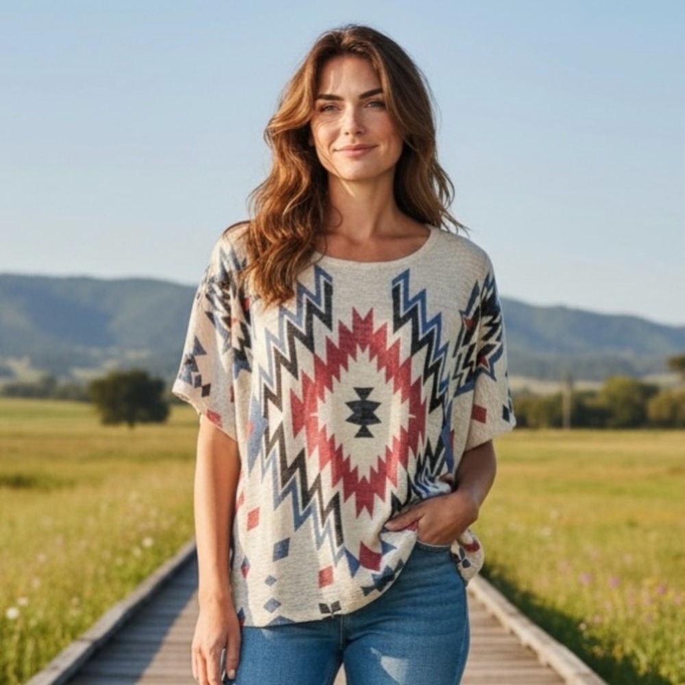 Ginger G Tribal Southwestern Print Short Sleeve Top